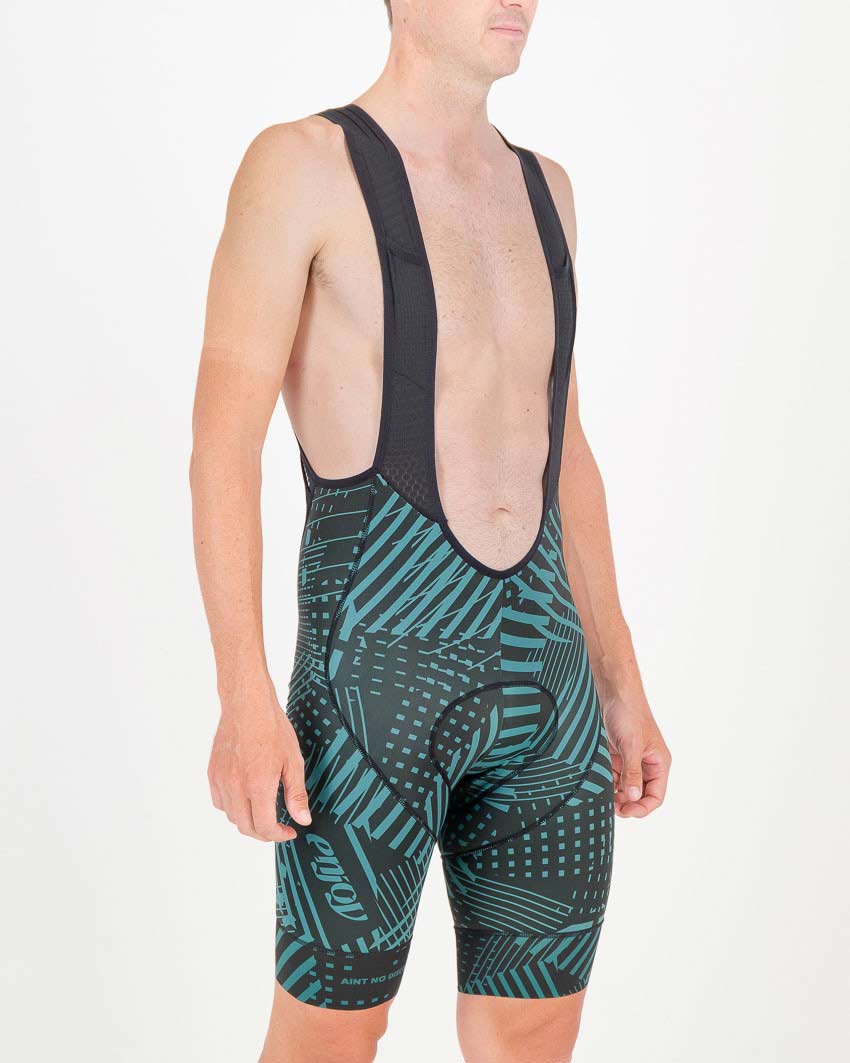 Three quarter of the mens cargo bib short in the slippery green Groad To Freedom ProXision design made by enjoy.cc