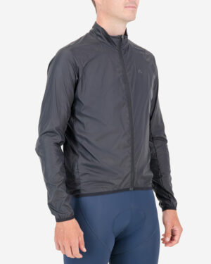 Three quarter view of the mens Enjoy Atom Jacket in the matte black colour way with reflective detailing made by Enjoy.cc