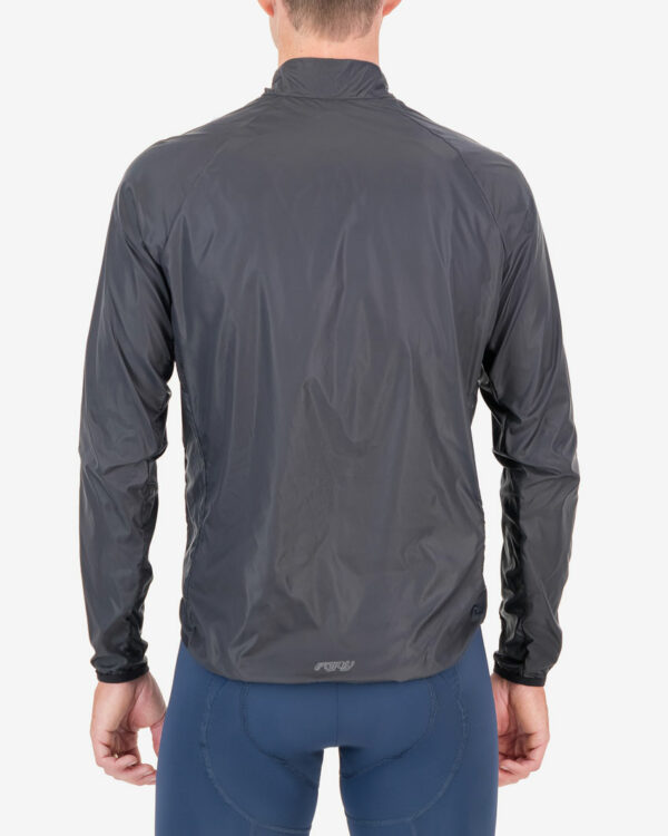 Back view of the mens Enjoy Atom Jacket in the matte black colour way with reflective detailing made by Enjoy.cc