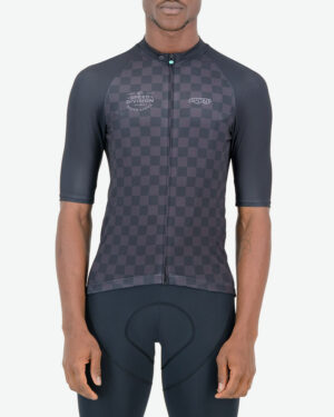 Front of the mens cycling jersey in the black Evade Supremium design made by enjoy.cc
