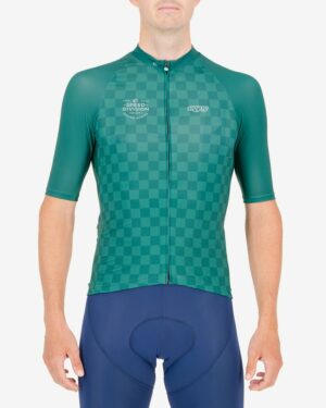 Front of the mens cycling jersey in the slippery green Evade Supremium design made by enjoy.cc