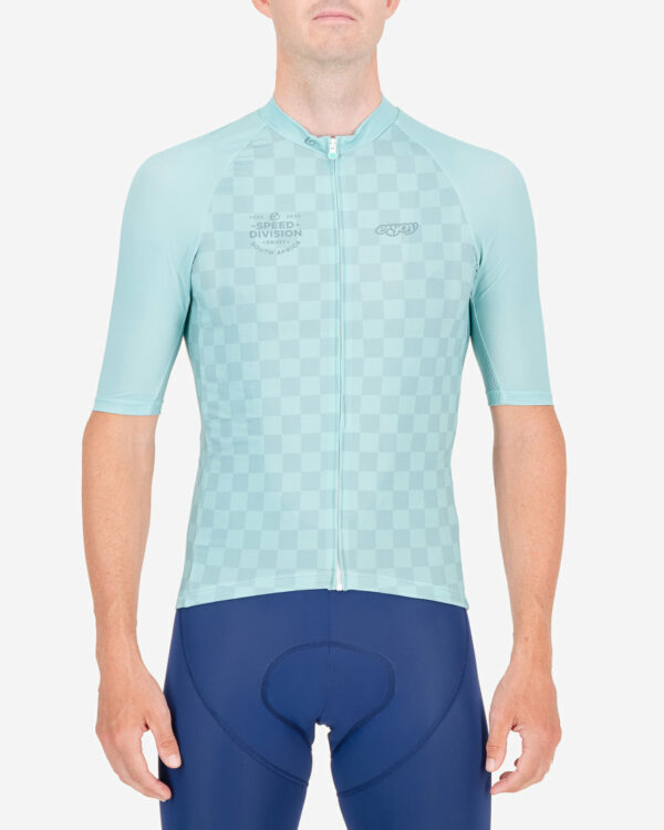 Front of the mens cycling jersey in the teal Evade Supremium design made by enjoy.cc