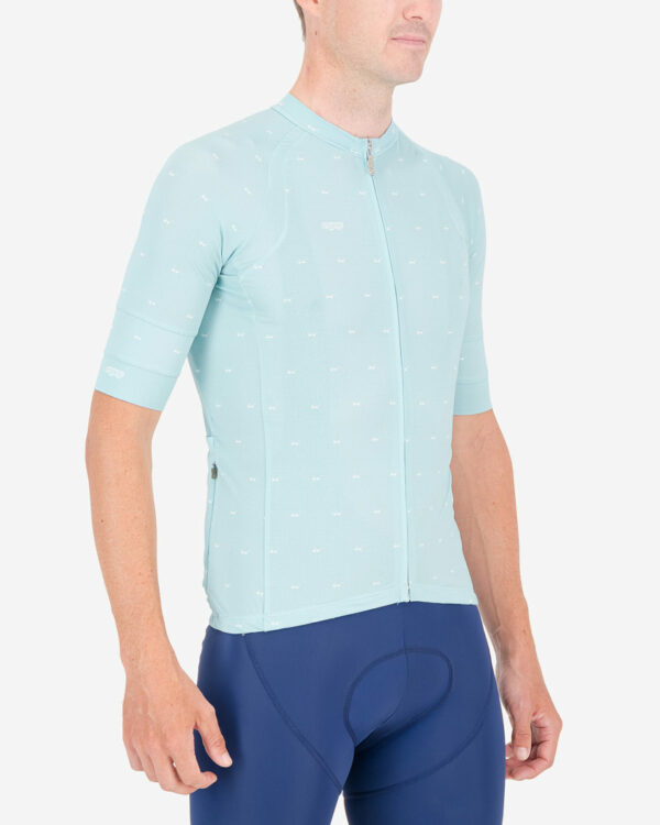 Three quarter of the mens cycling shirt in the Cool Breeze Light Blue Octane design made by enjoy.cc