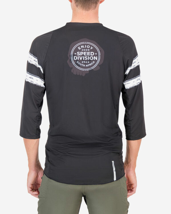 Back view of the Enjoy mens enduro tee in the black Evade design. Part of Reptilia trail range designed by enjoy.cc