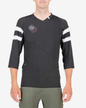 Front view of the Enjoy mens enduro tee in the black Evade design. Part of Reptilia trail range designed by enjoy.cc