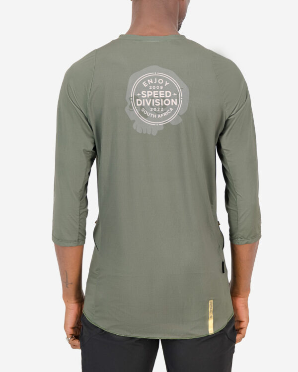 Back view of the Enjoy mens enduro tee in the peat Evade design. Part of Reptilia trail range designed by enjoy.cc