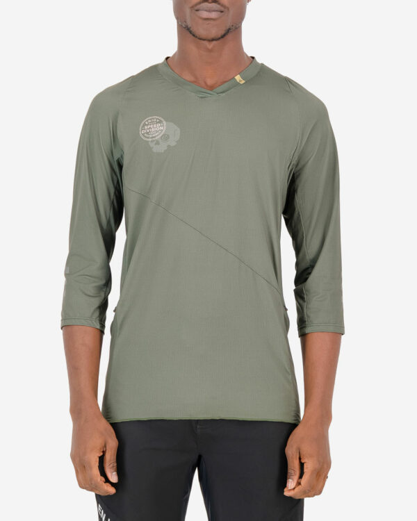 Front view of the Enjoy mens enduro tee in the peat Evade design. Part of Reptilia trail range designed by enjoy.cc