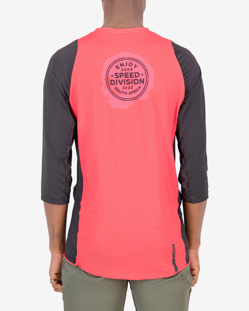 Back view of the Enjoy mens enduro tee in the red Evade design. Part of Reptilia trail range designed by enjoy.cc
