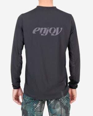 Back view of the Enjoy mens long sleeve enduro cycling jersey in the black Descendant design. Part of Reptilia trail range designed by enjoy.cc