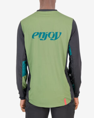 Back view of the Enjoy mens long sleeve enduro cycling jersey in the olive Descendant design. Part of Reptilia trail range designed by enjoy.cc