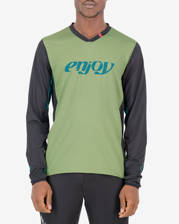 Front view of the Enjoy mens long sleeve enduro cycling jersey in the olive Descendant design. Part of Reptilia trail range designed by enjoy.cc