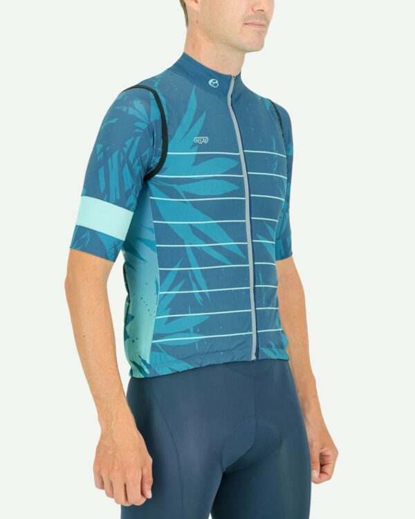 Three quarter of the mens winter cycling gilet in the Flora design made by Enjoy.cc