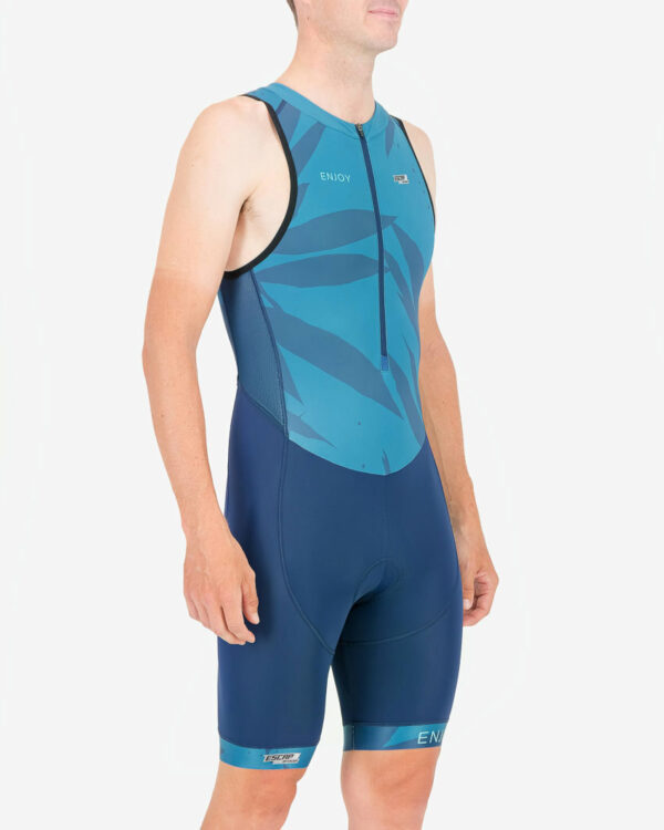 Three quarter of the mens sleeveless tri suit in the Flora design made by Enjoy.cc