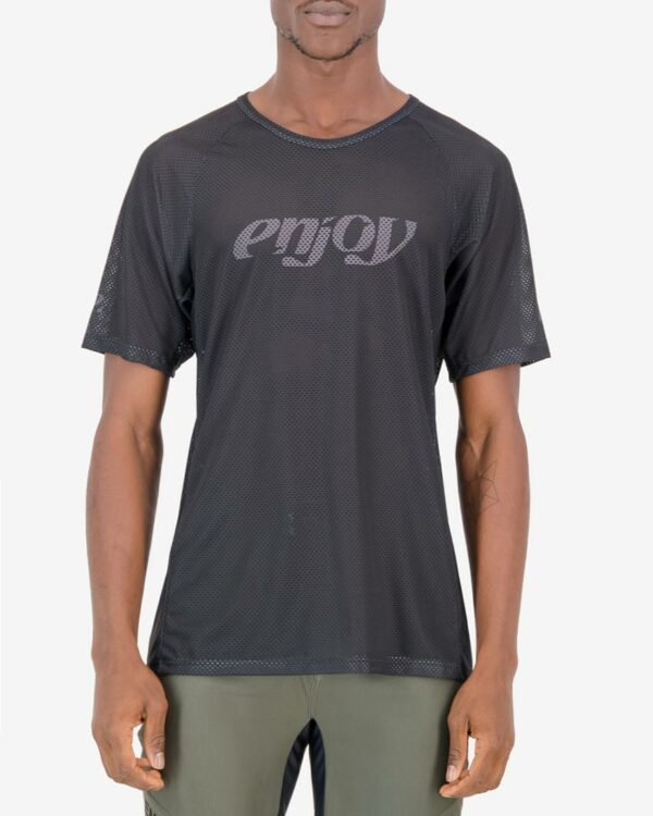 Front of the mens mobilitee trail tee in the black Descendant design made by enjoy.cc