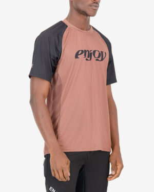 Three quarter of the mens mobilitee trail tee in the brown Descendant design made by enjoy.cc