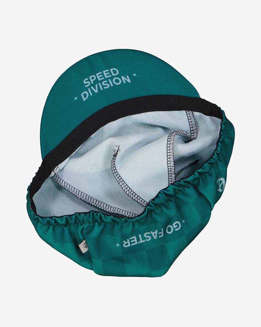 Bottom of the cycling cap in the slippery green Evade retro design made by enjoy.cc