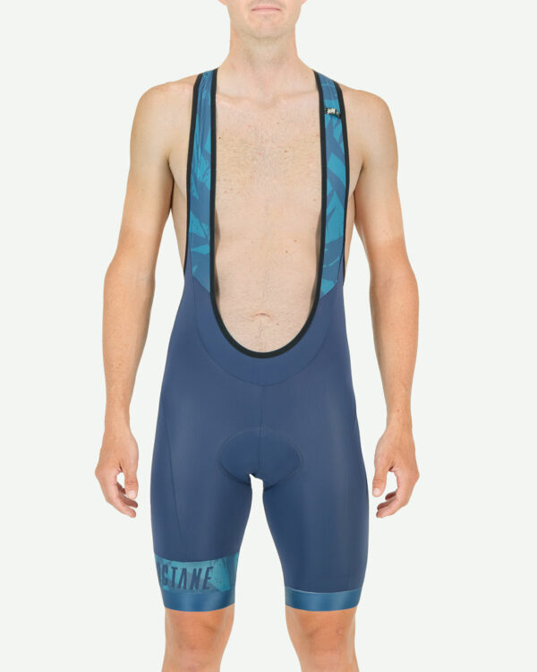 Front of the mens bib short in the Flora Octane design made by enjoy.cc