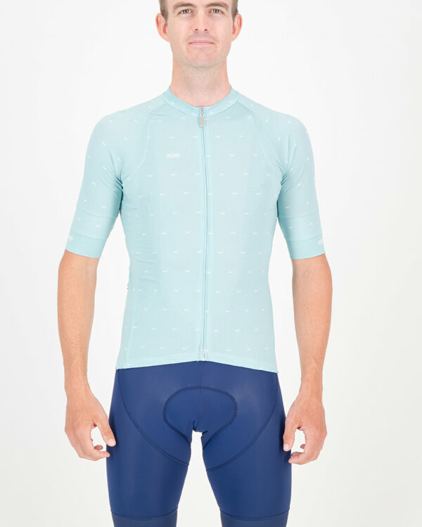 Front of the mens cycling shirt in the Cool Breeze Light Blue Octane design made by enjoy.cc