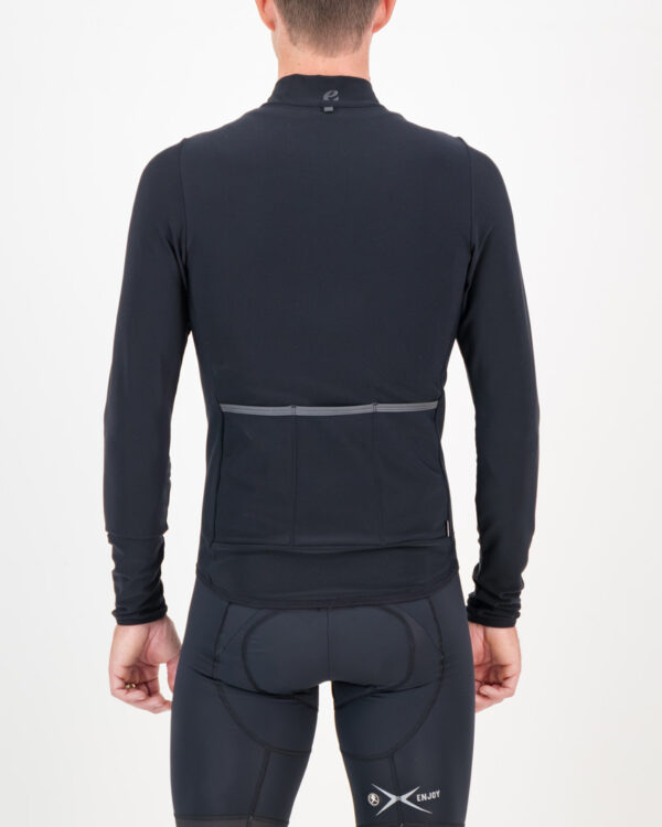 Back of the mens fleeced cycling jersey in matte black with reflective detailing made by enjoy.cc