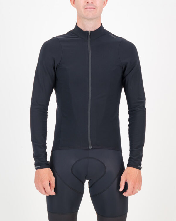 Front of the mens fleeced cycling jersey in matte black with reflective detailing made by enjoy.cc
