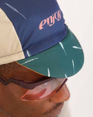 Close up of the front of the Avena DriFit cycling cap. Part of the winter 2022 Enjoy Cycling apparel range made by enjoy.cc
