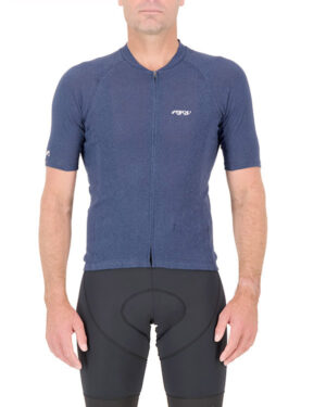 Front view of the navy Enjoy Hempie mens cycling shirt. Made from 100% Hemp available at Enjoy.cc
