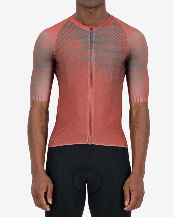 Front of the Enjoy Climber mens cycling jersey in the Sands of Time Mira design made by enjoy.cc