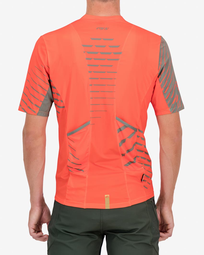 Back of the Enjoy mens trail tee in the Blood orange Chevron design. Made by enjoy.cc