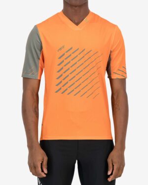 Front of the Enjoy mens trail tee in the Tangerine Chevron design. Made by enjoy.cc
