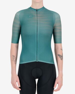 Front of the Enjoy Climber womens cycling jersey in the Sands of Time Green design at enjoy.cc