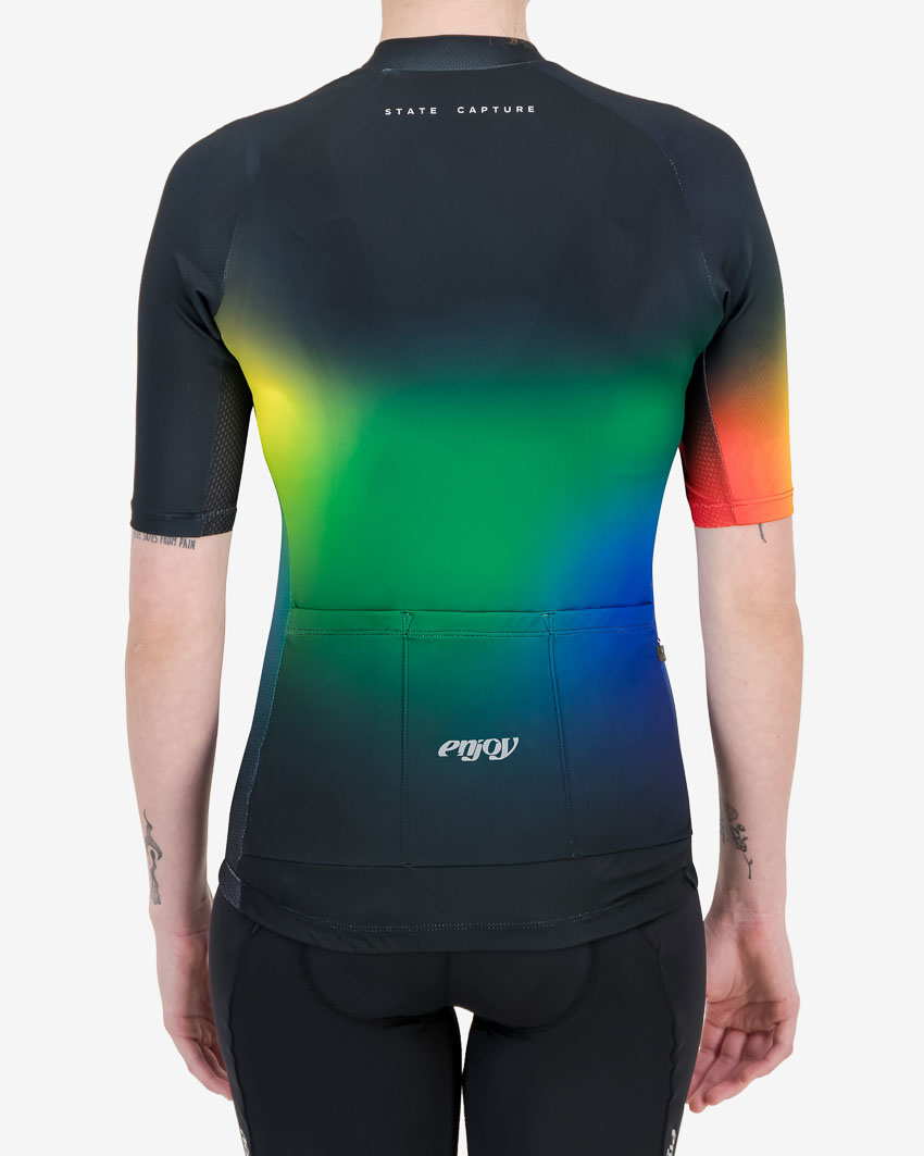 Back of the womens cycling jersey in the black State Capture Supremium design made by enjoy.cc