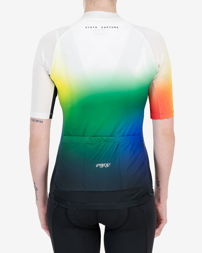 Back of the womens cycling jersey in the white State Capture Supremium design made by enjoy.cc