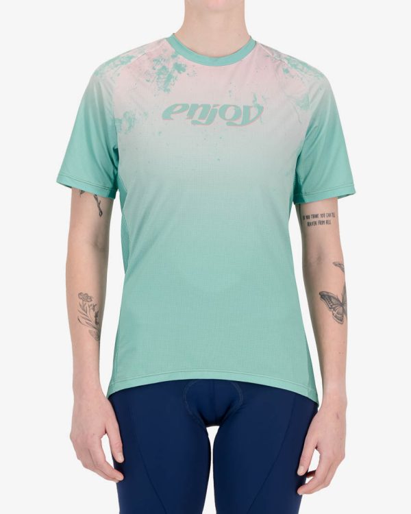 Front of the womens trail tee in the Lunar Dust Reptilia design made by enjoy.cc