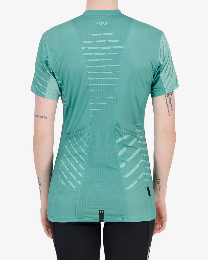 Back of the Enjoy womens trail tee in the Mint Chevron design. Made by enjoy.cc