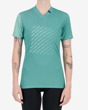 Front of the Enjoy womens trail tee in the Mint Chevron design. Made by enjoy.cc