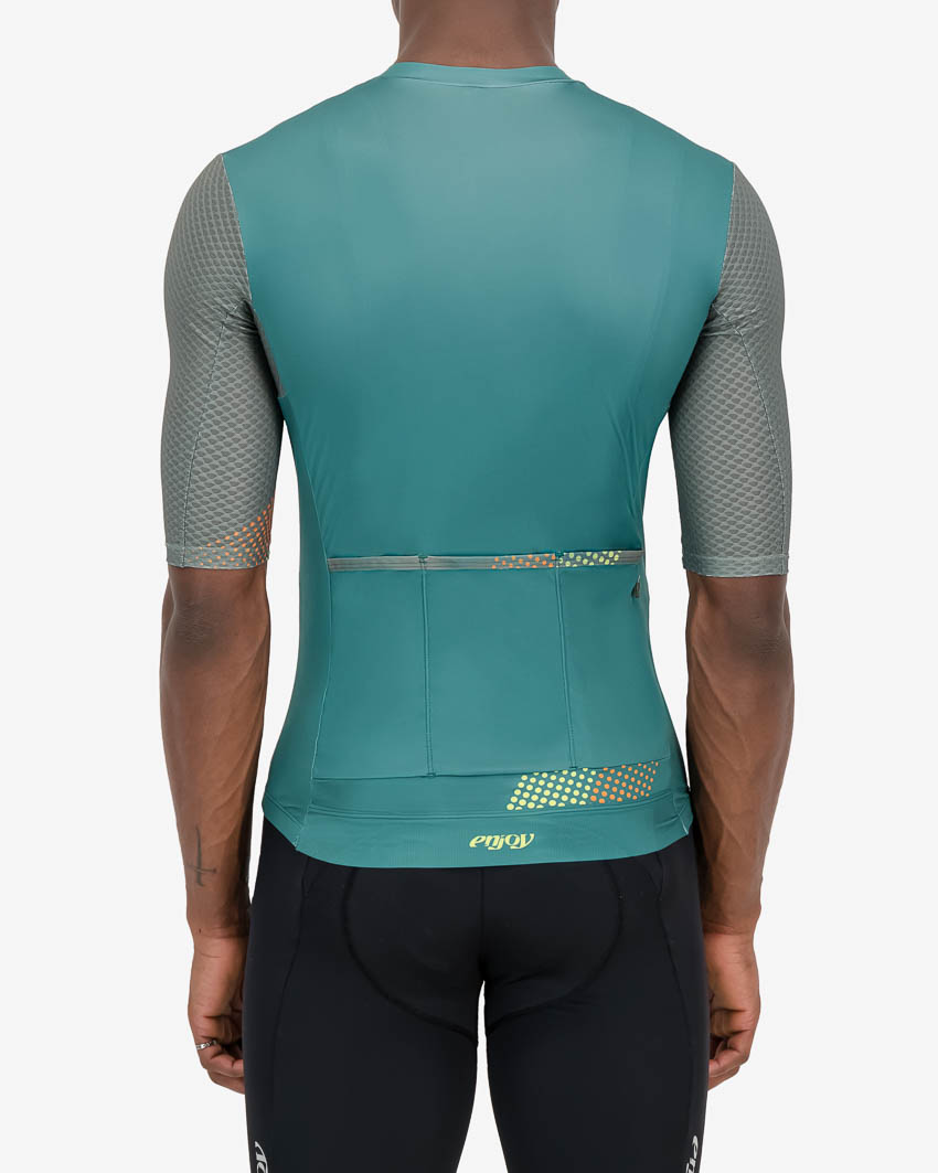 Back view of the Enjoy ProXision mens cycling jersey in the Ascendant green design from Enjoy.cc