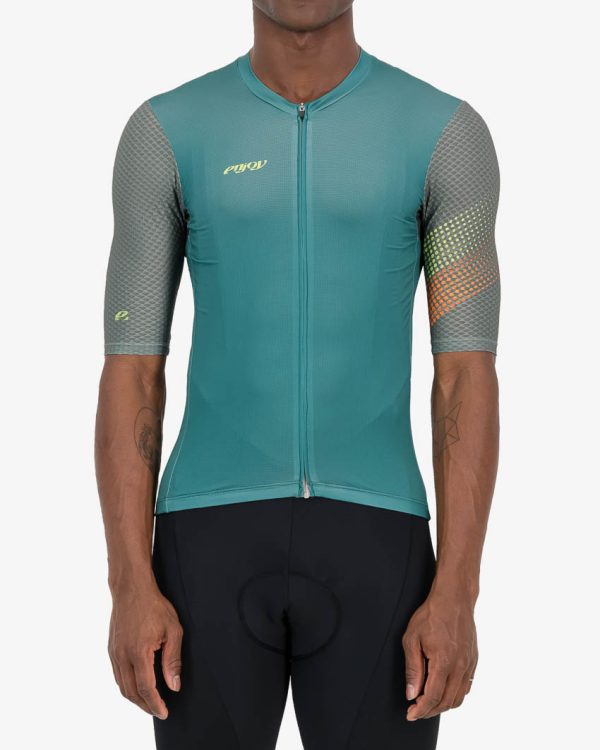 Front view of the Enjoy ProXision mens cycling jersey in the Ascendant green design from Enjoy.cc