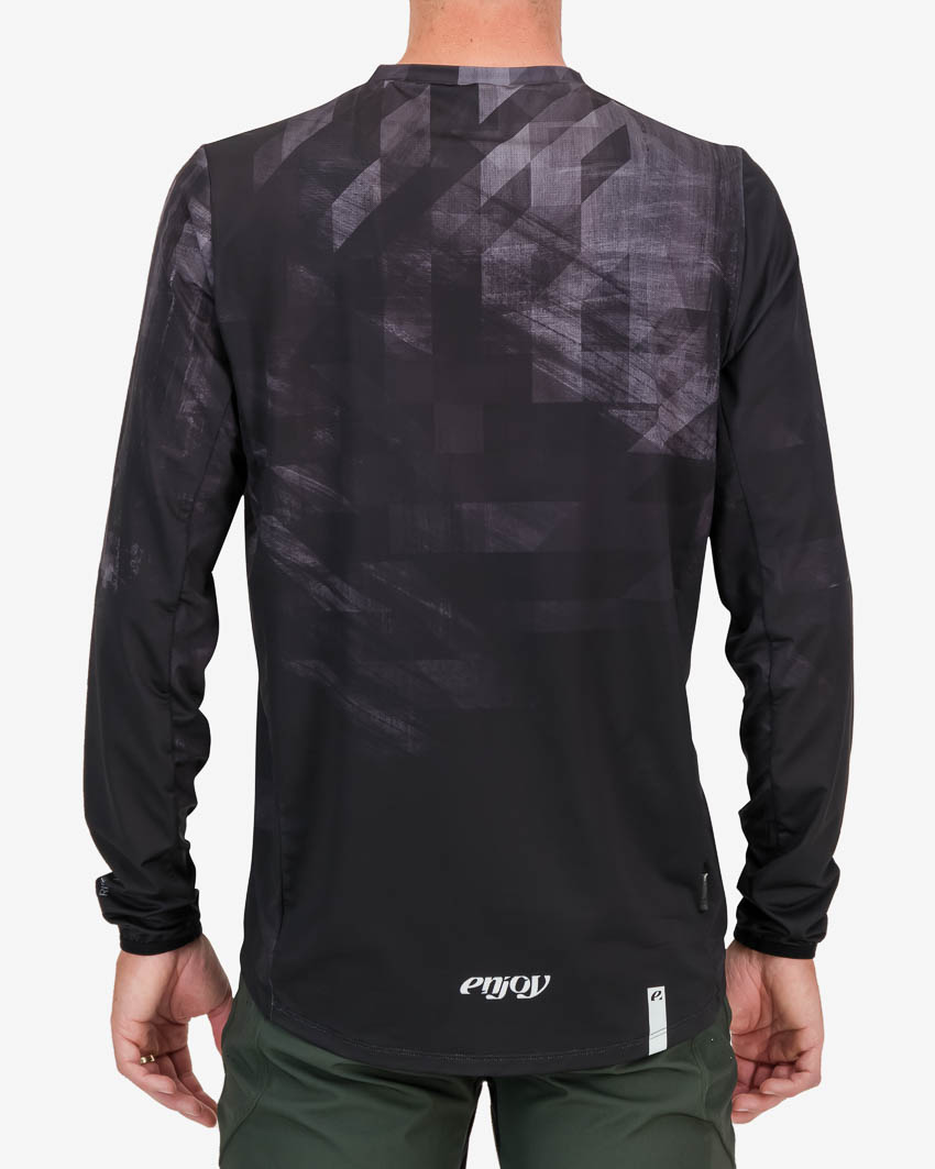 Back view of the Enjoy mens trail jersey in the Pace Black design available at enjoy.cc