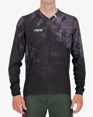 Front view of the Enjoy mens trail jersey in the Pace Black design available at enjoy.cc