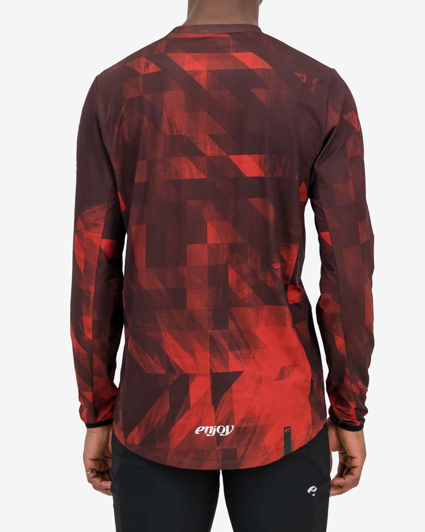 Back view of the Enjoy mens trail jersey in the Pace Red design available at enjoy.cc