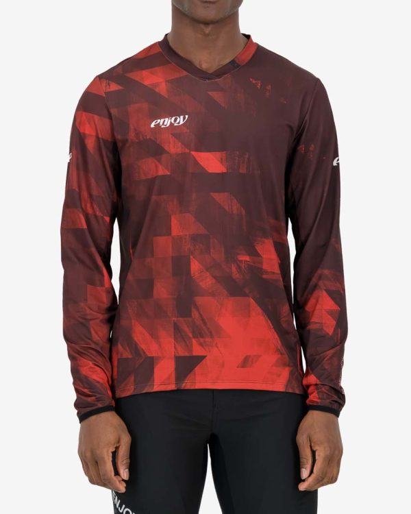 Front view of the Enjoy mens trail jersey in the Pace Red design available at enjoy.cc