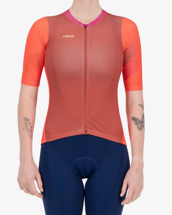 Front view of the Enjoy ProXision womens cycling jersey in the Ascendant orange style from Enjoy.cc