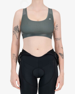 Front view of the Enjoy womens sports bra in the nomadic grey colour way available at Enjoy.cc