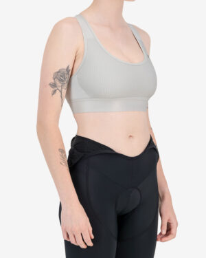 Side view of the Enjoy womens sports bra in the stone colour way available at Enjoy.cc