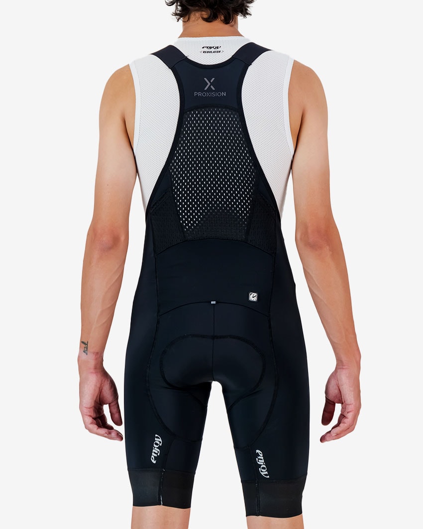 Back view of the Enjoy ProXision mens cargo bib short in the black colourway made by enjoy.cc