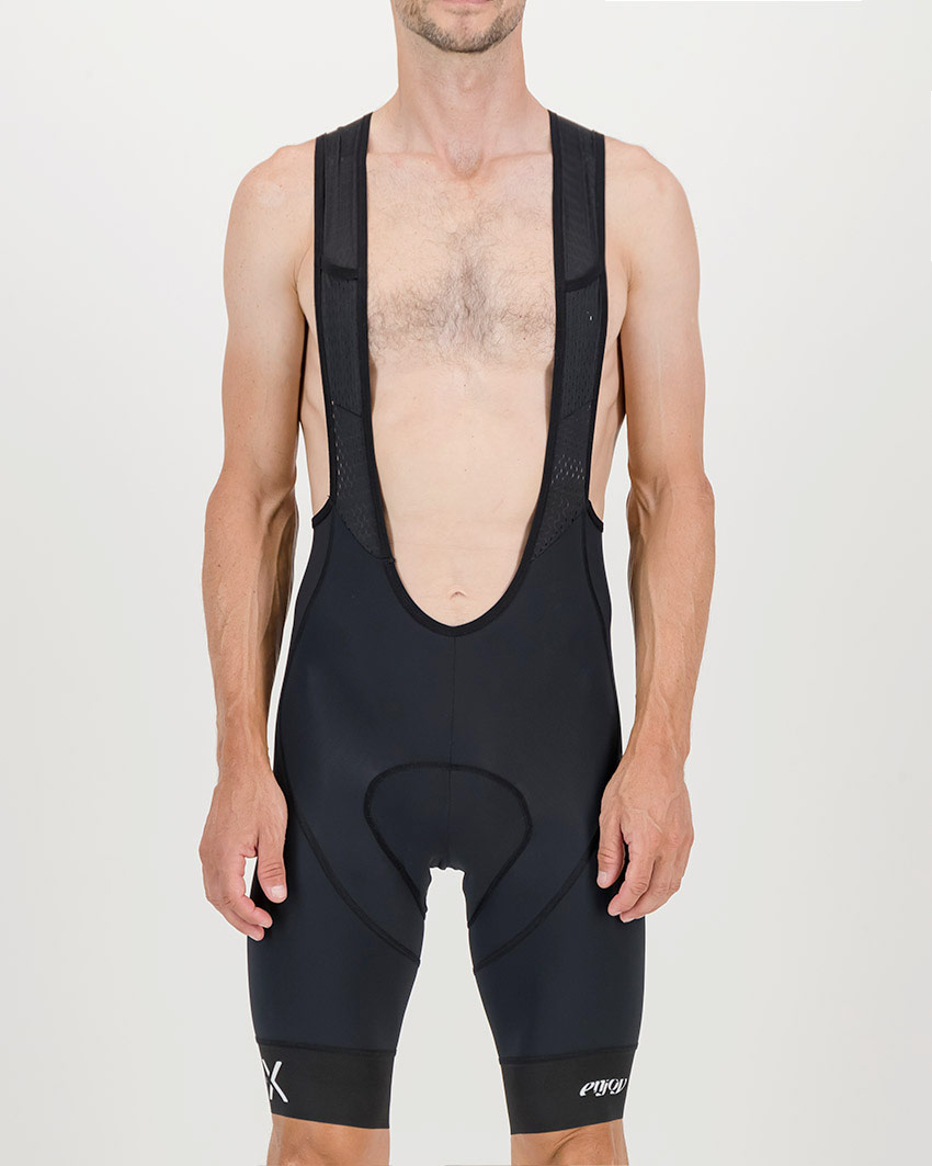 Front view of the Enjoy ProXision mens cargo bib short in the black colourway made by enjoy.cc