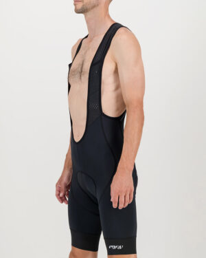 Side view of the Enjoy ProXision mens cargo bib short in the black colourway made by enjoy.cc