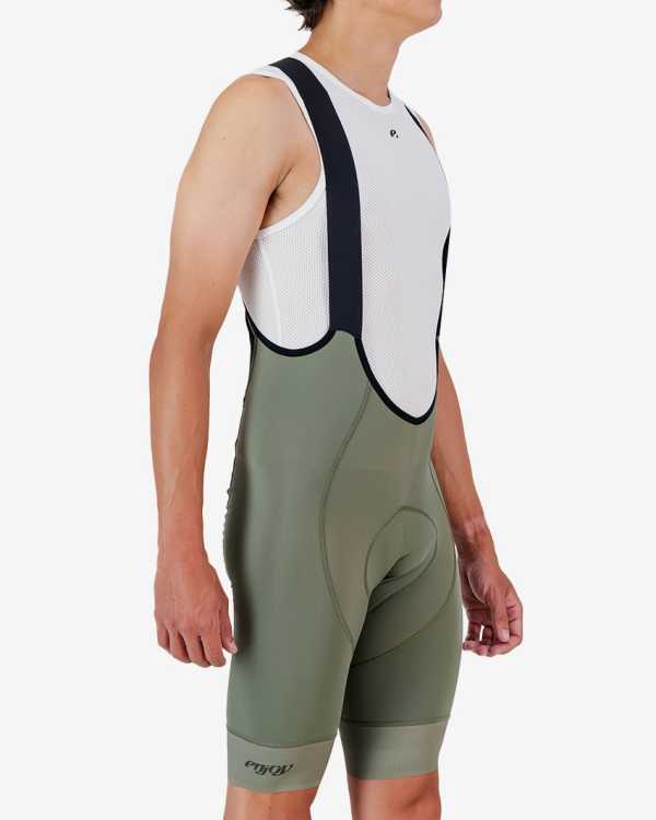 3qtr view of the Enjoy ProXision mens cargo bib short in the thyme colourway made by enjoy.cc