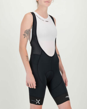 3qtr view of the Enjoy ProXision womens cargo bib short in the black colourway made by enjoy.cc