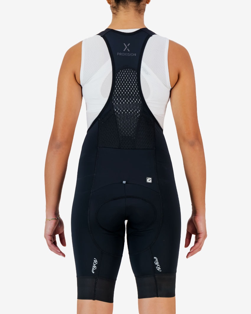 Back view of the Enjoy ProXision womens cargo bib short in the black colourway made by enjoy.cc